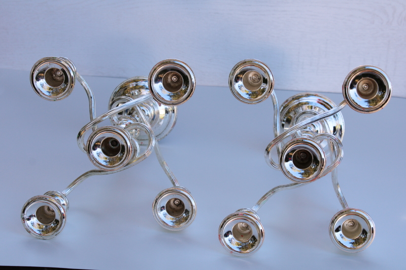 vintage silver plated candelabra, five light candle holder pair, tall candlesticks w/ scroll arms