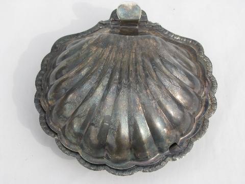 vintage silver shell shaped covered butter dish w/ glass liner plate
