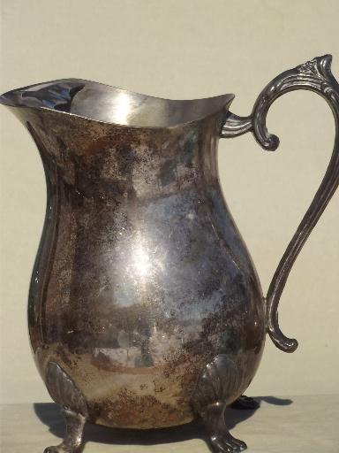 vintage silver water pitcher, Leonard silver plate paw foot footed pitcher 
