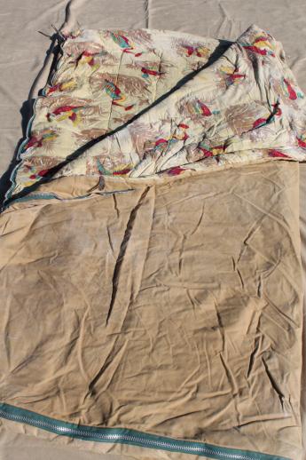 vintage sleeping bag, game birds print cotton flannel lined canvas w