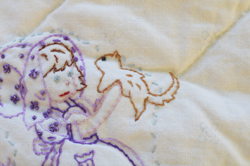 vintage small quilt, hand stitched embroidered sun bonnet baby girl w/ her puppy and kitten