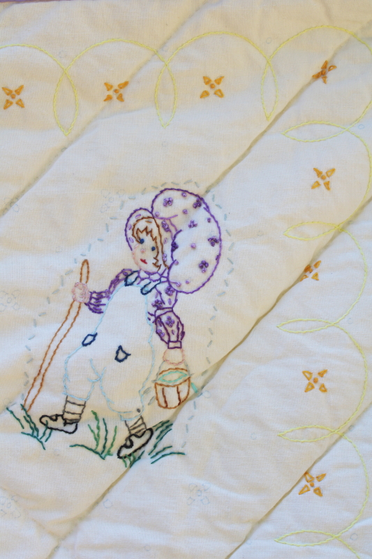 vintage small quilt, hand stitched embroidered sun bonnet baby girl w/ her puppy and kitten
