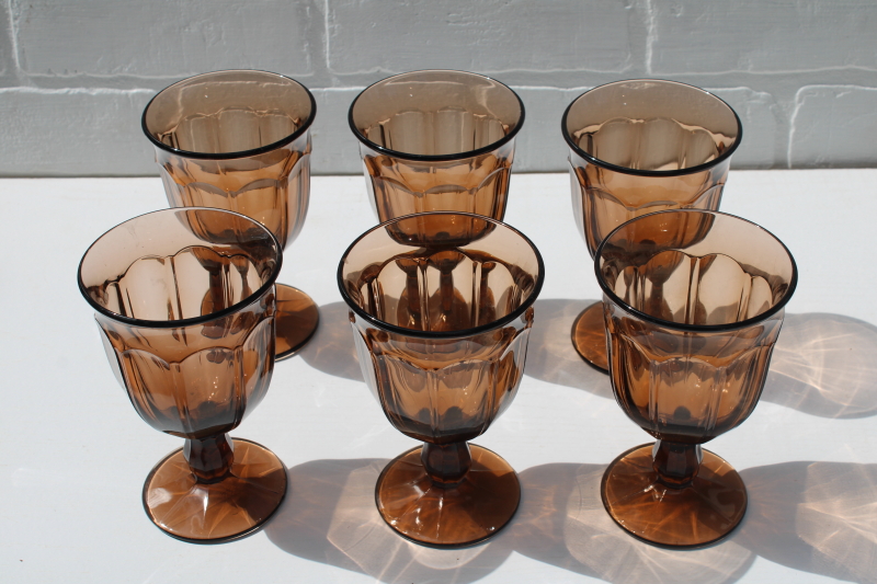 vintage smoke brown water goblets, large wine glasses Noritake Provincial pattern set of 6