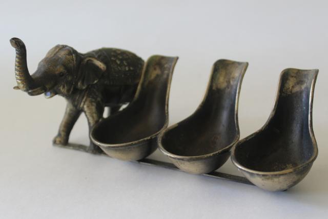 vintage smoking pipe holder, pipe stand w/ little bronze lucky elephant figure
