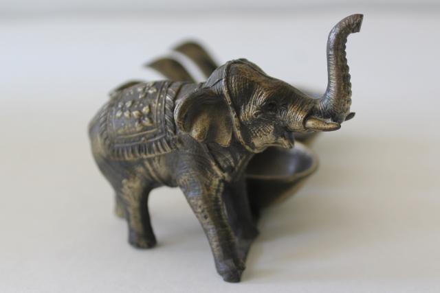 vintage smoking pipe holder, pipe stand w/ little bronze lucky elephant figure