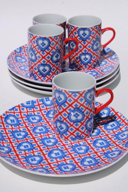 vintage snack set plates & cups w/ retro red white blue hearts & stripes, Taste Setter china