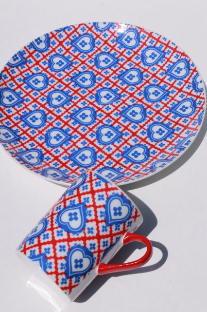 vintage snack set plates & cups w/ retro red white blue hearts & stripes, Taste Setter china