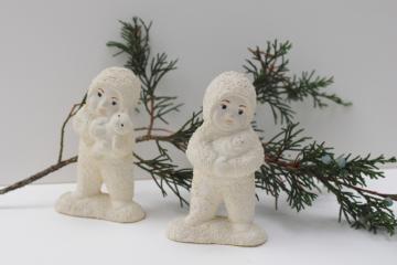 vintage snowbaby figurines w/ original price tags, snowbabies w/ toy teddy bear & doll