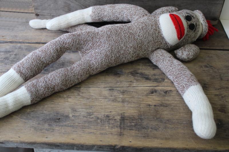 vintage sock monkey doll, stuffed toy Rockford red heel cotton work socks