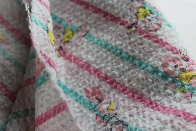 vintage soft cotton crinkle fabric, mint green & pink candy stripes w/ baby animals