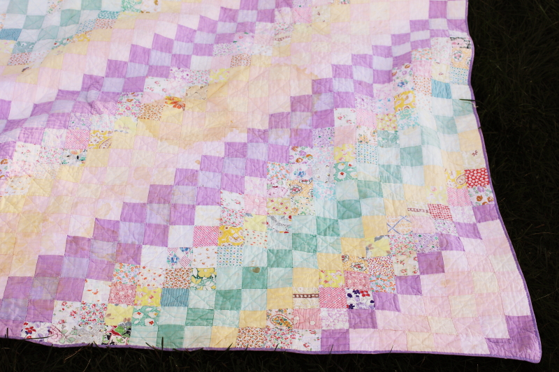 vintage soft washed cotton patchwork quilt, lavender, green, yellow print fabric blocks