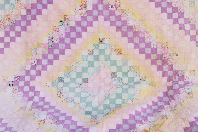 vintage soft washed cotton patchwork quilt, lavender, green, yellow print fabric blocks