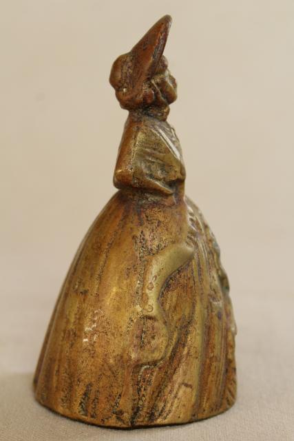 vintage solid brass bell, figural lady bell w/ clapper legs, made in Belgium