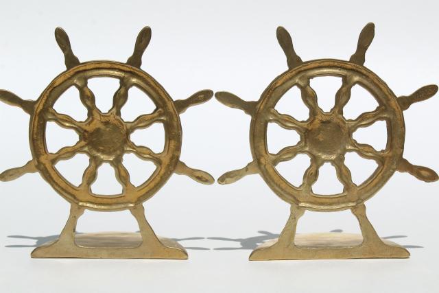 vintage solid brass book ends, nautical marine ships wheel bookends