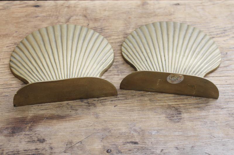 vintage solid brass book ends w/ original label, scallop shell seashells shape