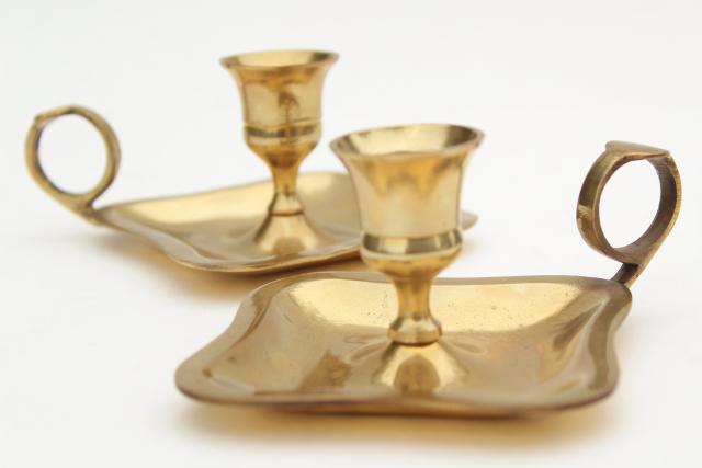 vintage solid brass candle holders, finger ring chamber candlesticks pair
