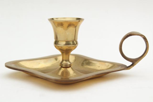 vintage solid brass candle holders, finger ring chamber candlesticks pair