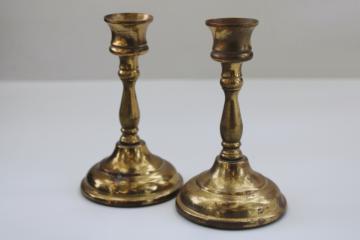 vintage solid brass candlesticks pair, worn weathered tarnished patina candle holders