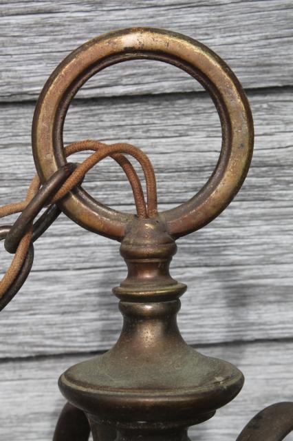 vintage solid brass chandelier w/ tarnished patina, old five lamp hanging light for restoration