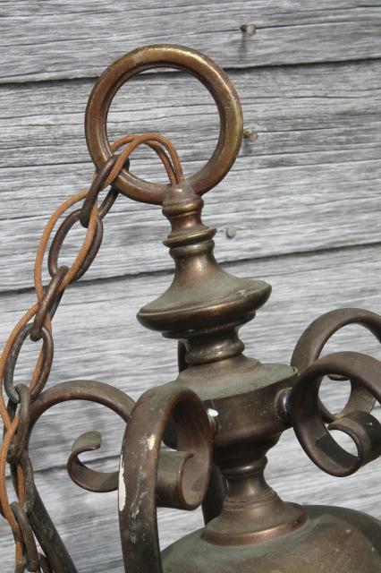 vintage solid brass chandelier w/ tarnished patina, old five lamp hanging light for restoration