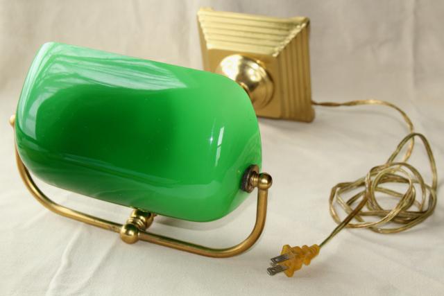 vintage solid brass desk light, banker's lamp w/ emerald green cased glass shade