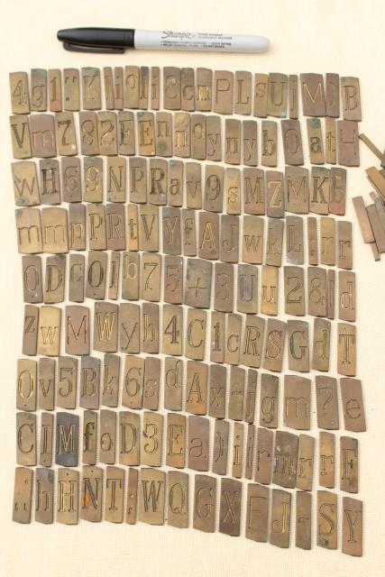 vintage solid brass engraving scribe letters, antique font alphabet & numbers letter tiles 