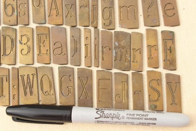 vintage solid brass engraving scribe letters, antique font alphabet & numbers letter tiles 