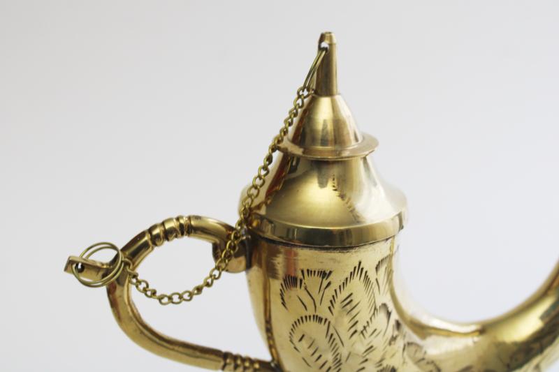 vintage solid brass genie lamp, oil lamp w/ wick burner, glass chimney