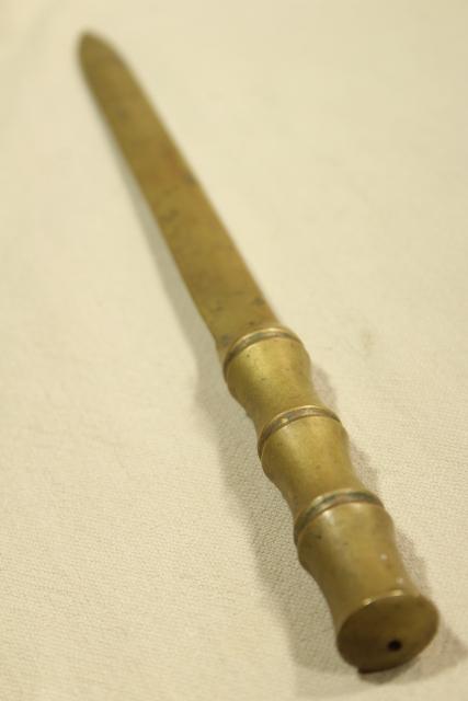 vintage solid brass paper knife letter opener, faux bois bamboo handle