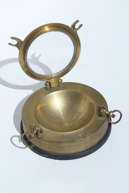 vintage solid brass porthole ashtray, nautical yacht club style for boat or beach house