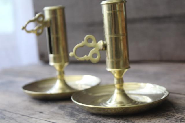 vintage solid brass push up candlesticks, pair of adjustable candle holders for taper candles
