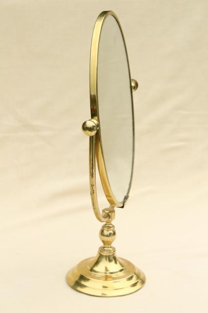 vintage solid brass vanity or shaving mirror, pivot frame on table stand