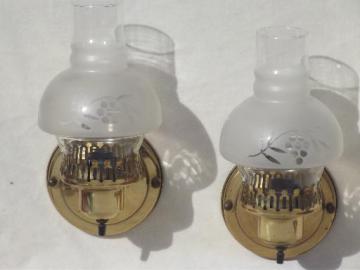 vintage solid brass wall sconces, pair of parlor lamps w/ glass chimney shades