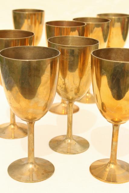 vintage solid brass wine glasses, golden yellow gold brass goblets