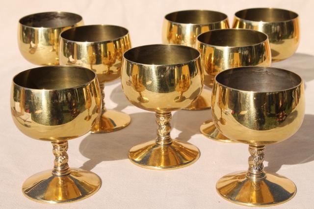 vintage solid brass wine goblets made in Spain, Spanish