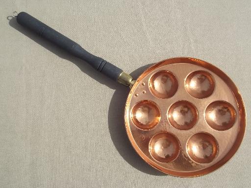 vintage solid copper apple dumpling pan, danish aebelskiver apple puff pan 