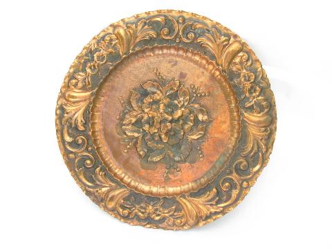 vintage solid copper plate or charger, embossed roses floral repousse
