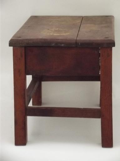 vintage solid oak stool, old bench seat for desk or child's size table