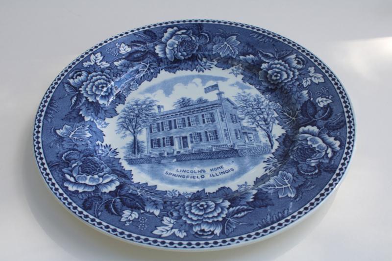 vintage souvenir plate, blue & white transferware Lincolns home Illinois historic landmark
