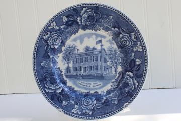 vintage souvenir plate, blue & white transferware Lincolns home Illinois historic landmark