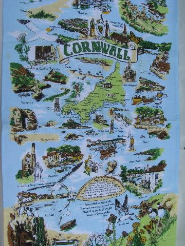 vintage souvenir print kitchen towels, landmarks of Cornwall and Wales