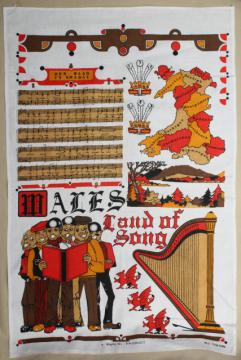 vintage souvenir tea towel, Wales, Land of Song - cute fun retro print