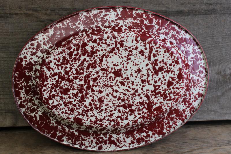 vintage spatterware enamel ware metal tray or platter, barn red & white