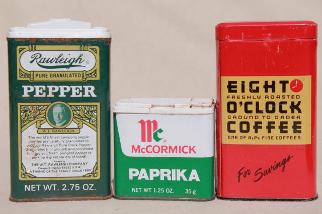 vintage spice tins collection, old advertising tin metal boxes for spices
