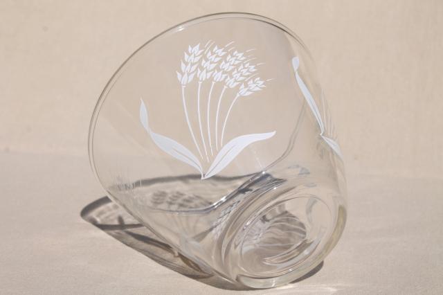 vintage splash proof mixing bowl, clear kitchen glass w/ white wheat print