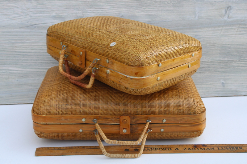 vintage split bamboo suitcases, woven basket storage boxes nesting stacking baskets