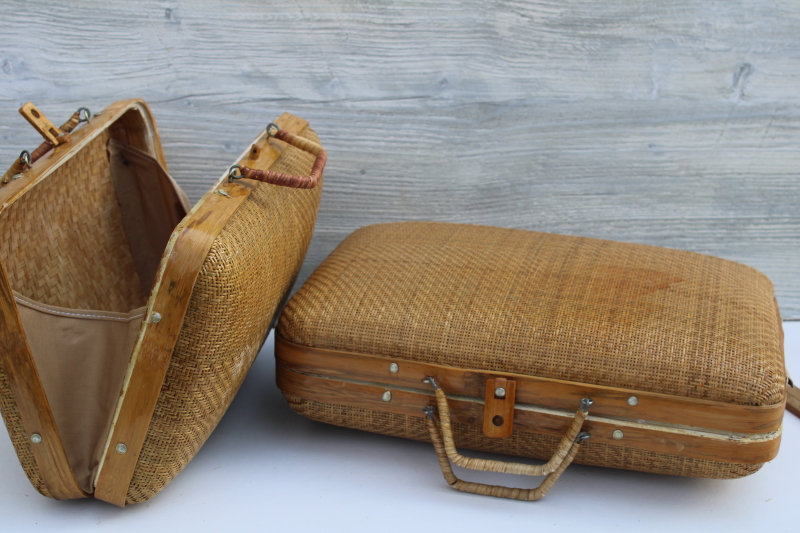 vintage split bamboo suitcases, woven basket storage boxes nesting stacking baskets