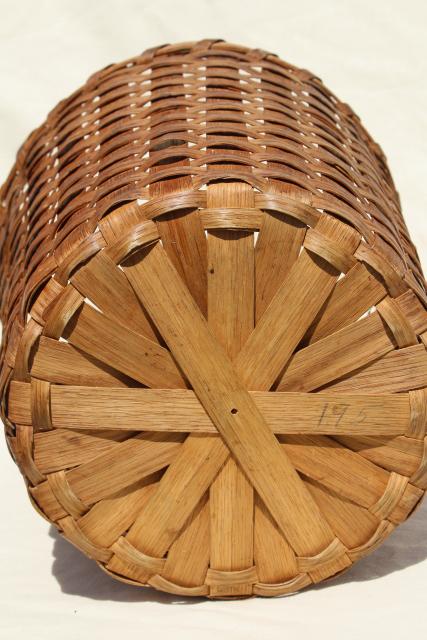 vintage split oak splint basket, tall gathering basket or storage bin wastebasket