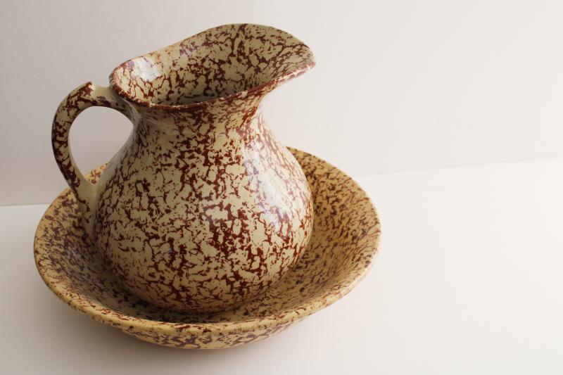 vintage spongeware pottery, stoneware pitcher & bowl Robinson Ransbottom Roseville Ohio