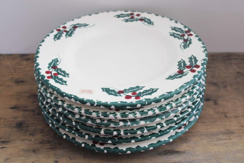 vintage spongeware stoneware Christmas holly dinner plates, Crock Shop California studio pottery